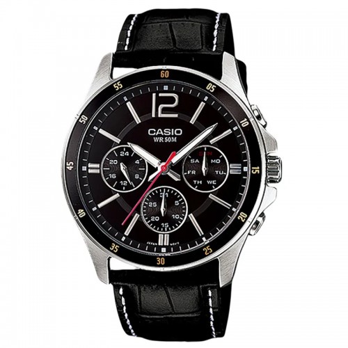 Casio MTP-1374L-1AVDF Day Date Silver Black Leather